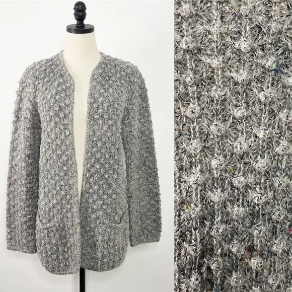 Vintage Le Roy Pom Pom Knit Cardigan Gray Wool Open Front Preppy Twee Size L - Picture 1 of 10